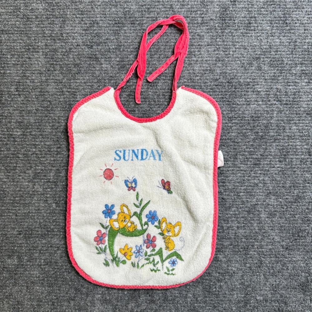 Vintage Sunday Baby Bib Terry Cloth Mice Butterfly Floral Pink Trim White